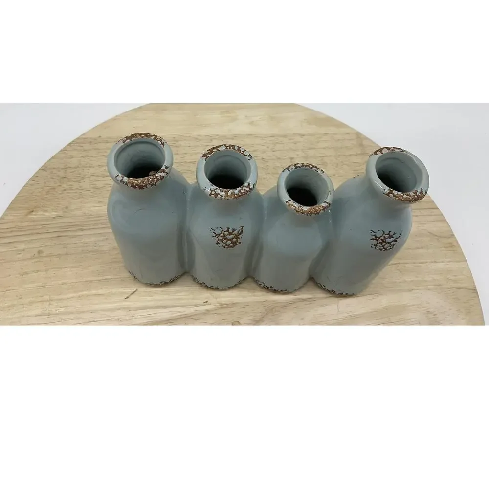 Ceramic‎ GROW Bud Vase Blue Bottle Shape Rustic Farmhouse Floral Decor Tabletop